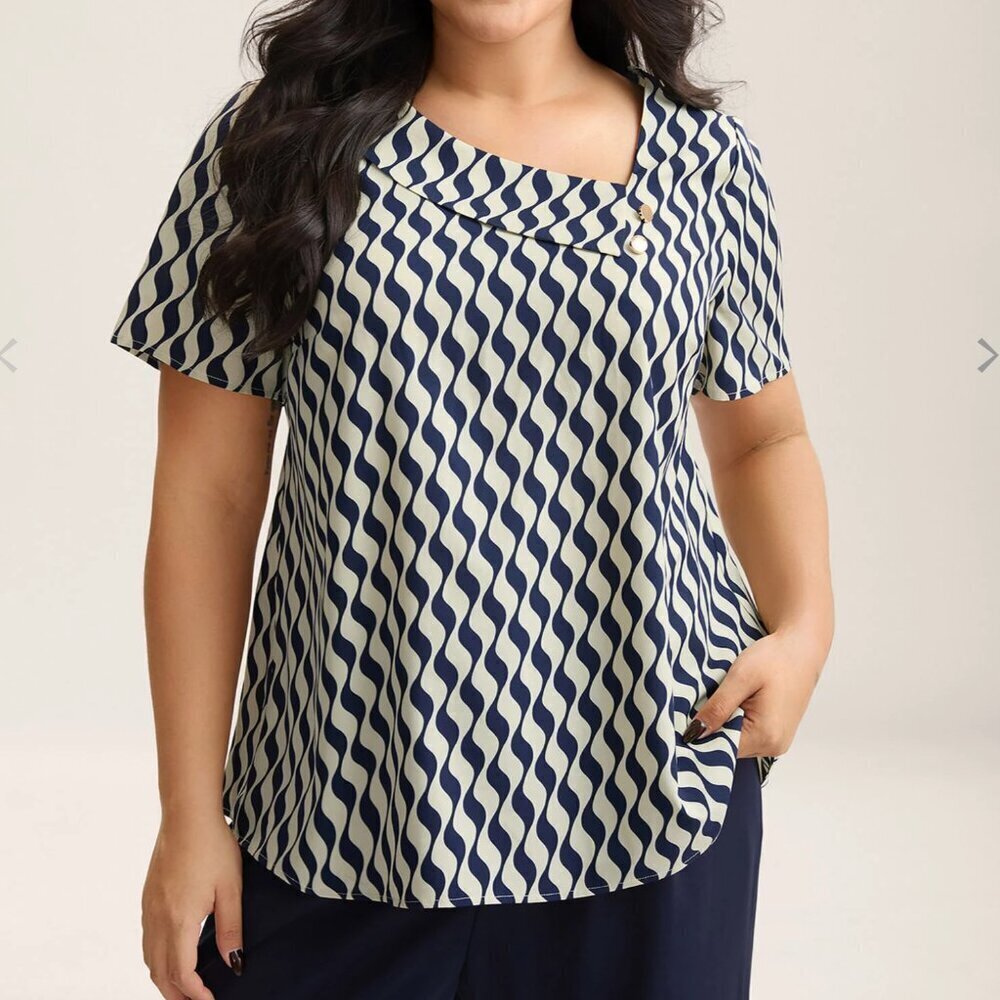Bloomchic Wavy Print Asymmetrical Neckline Blouse - NWT - 14/16
